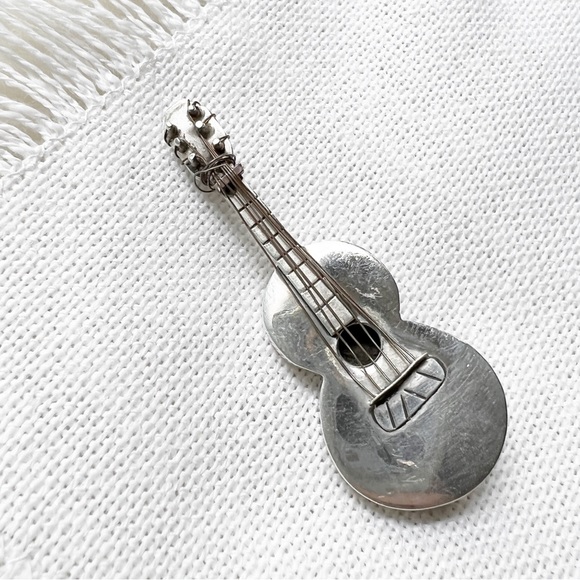 1970s Vintage TAXCO Mexico Guitar Sterling Silver Brooch Pin - Picture 4 of 8